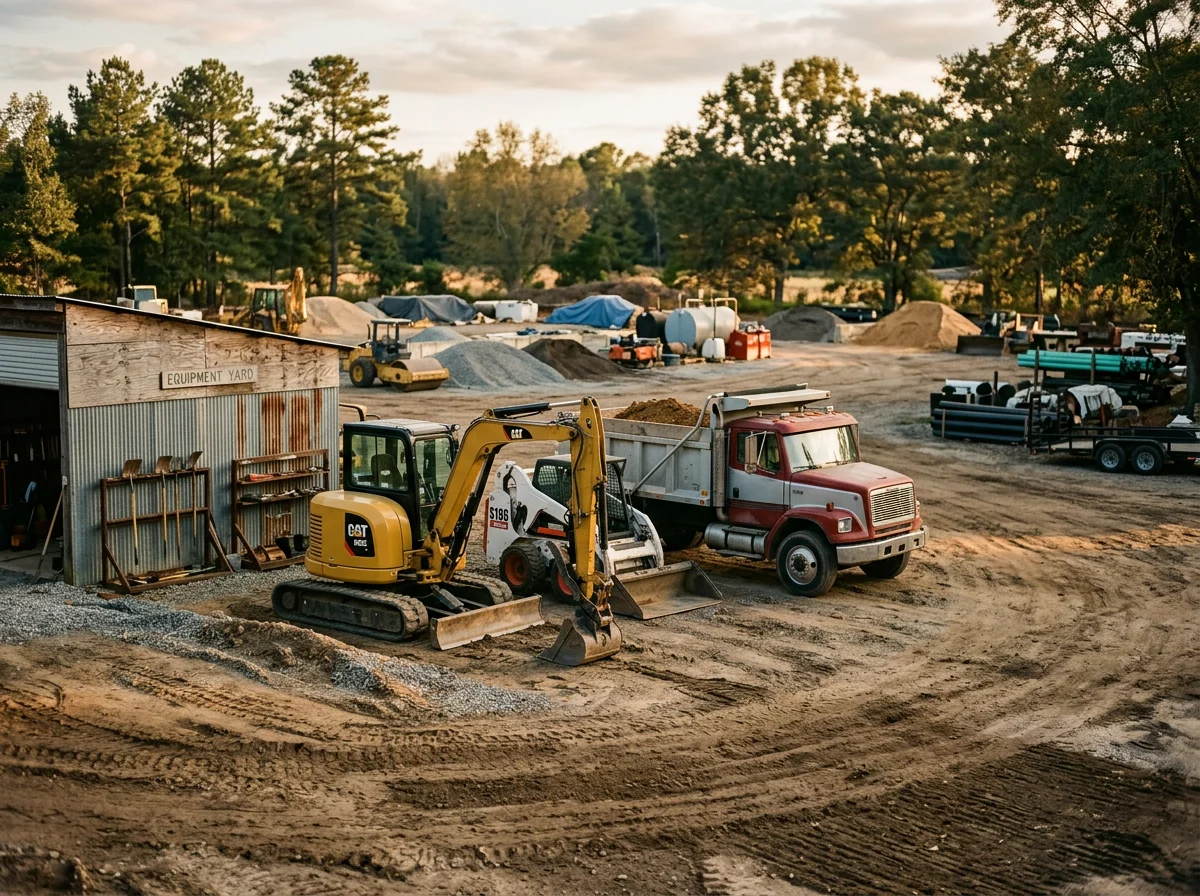 Construction equipment and grading machinery on an active job site, ready for site work and development.