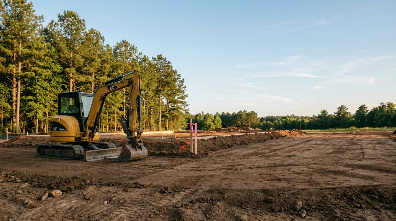 Excavation equipment performing site grading work on a construction project
