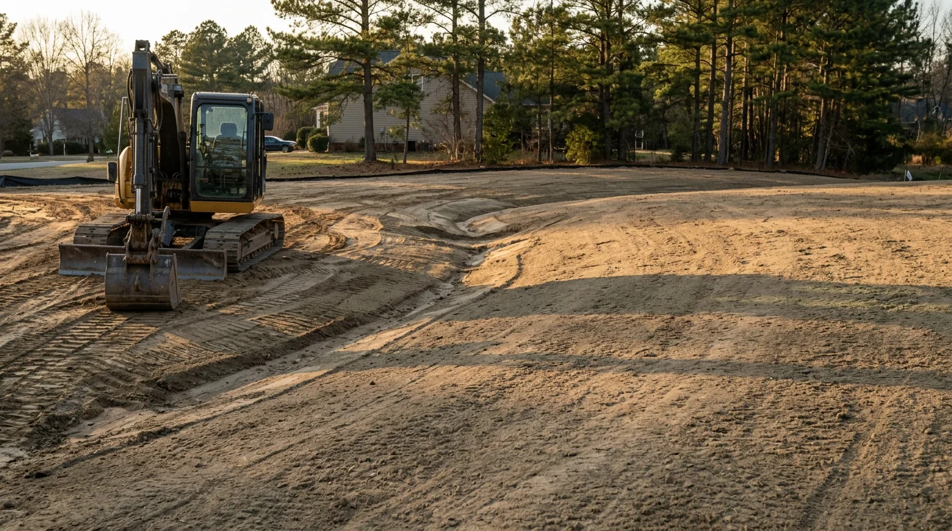 Landscape grading equipment shaping terrain on a residential property