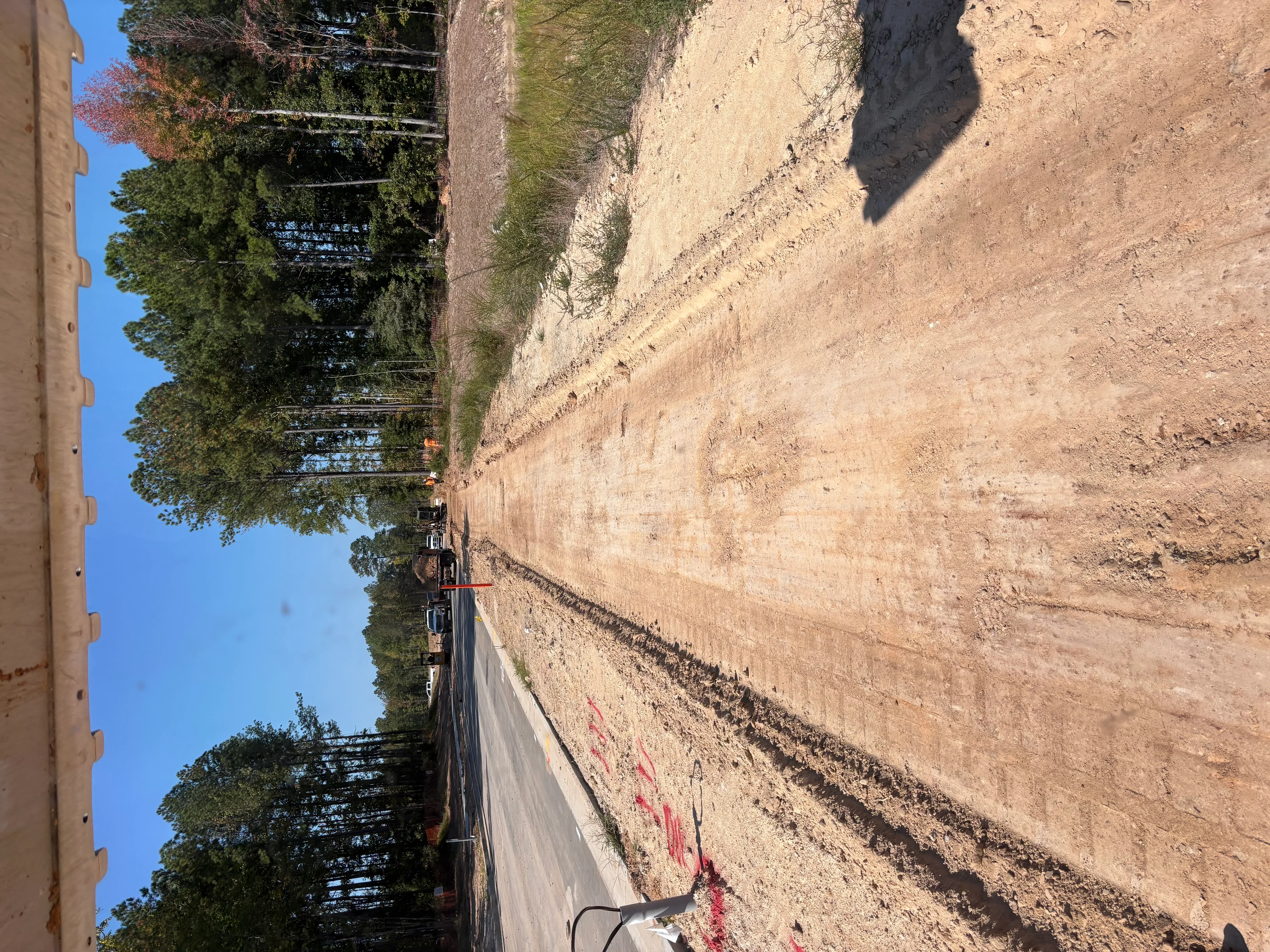 Excavated driveway site with graded soil, asphalt base layer, and cleared slope