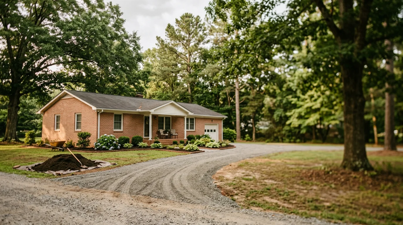Residential home exterior in Sanford, NC with mature landscaping and clear driveway access.