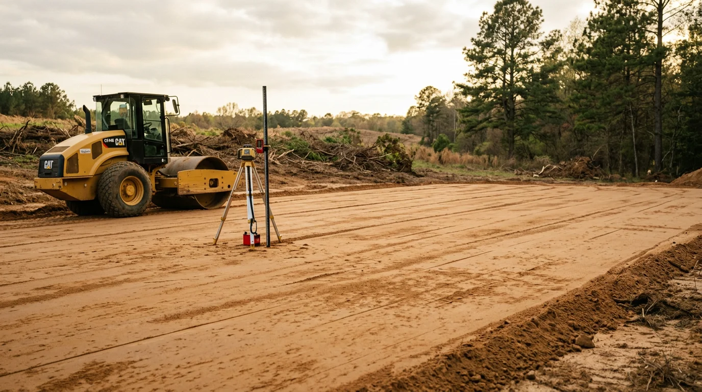 A graded and cleared building site in Sanford, NC with compacted subgrade and drainage slopes visible across a Lee County residential lot. Heavy equipment tracks mark the freshly worked red clay soil, ready for foundation work.