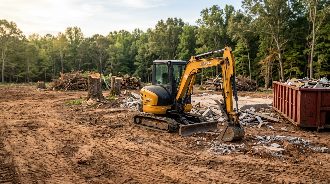 A freshly cleared residential lot in Sanford, NC with stumps removed, debris hauled away, and bare soil leveled and ready for construction. Heavy equipment sits at the edge of the cleared area near a tree line on a Lee County property.