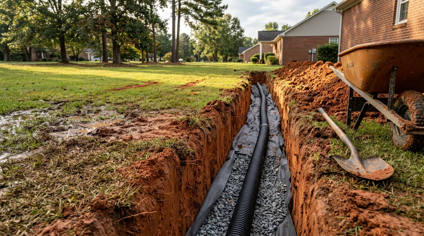 A freshly graded residential yard in Sanford, NC with a newly installed subsurface drainage channel running along the lawn edge toward a street outlet. The surrounding turf is intact and the soil grade slopes away from the home's foundation.