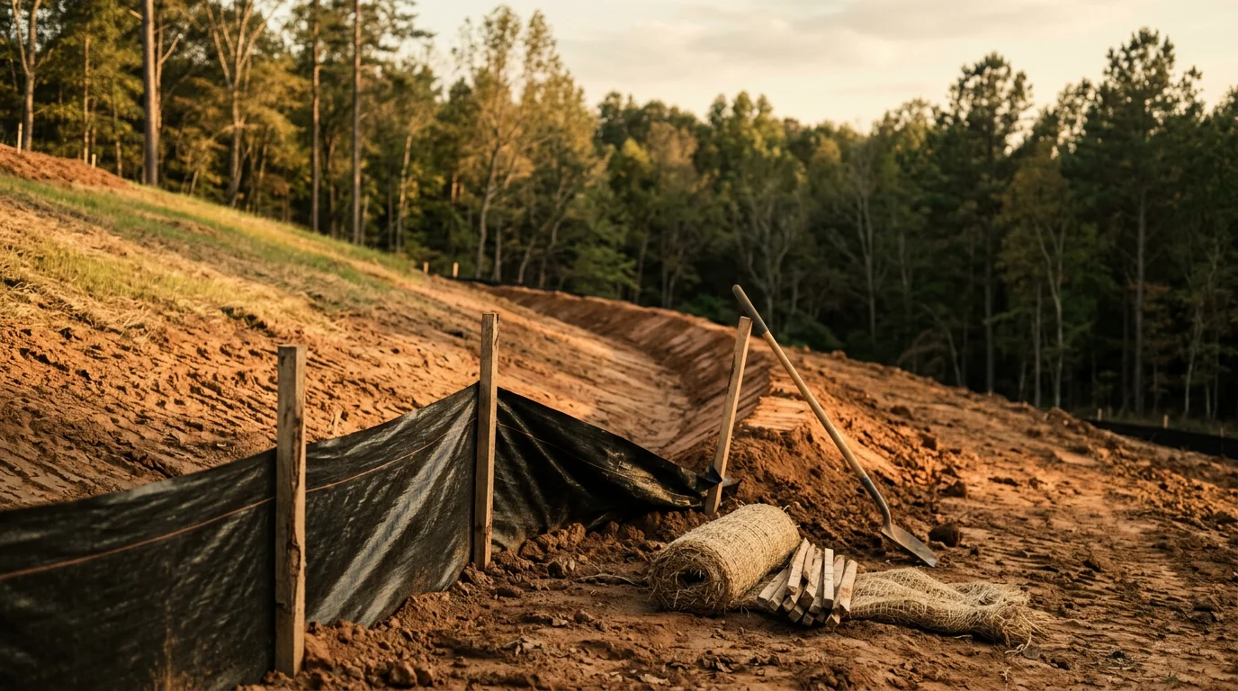 A stabilized residential slope in Sanford, NC with ground cover and graded drainage channels installed to prevent soil erosion. The surrounding yard shows no visible signs of runoff or sediment displacement after recent rainfall.