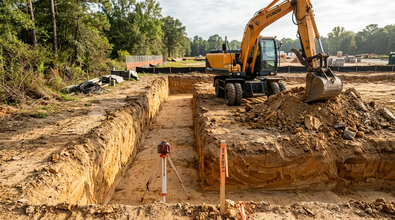 A tracked excavator digging a clean, level foundation trench on a residential lot in Sanford, NC, with red clay soil visible along the trench walls. The cleared site shows a prepared base ready for foundation forming on a new home build in Lee County.