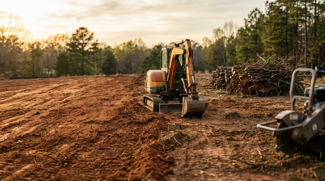 A freshly cleared residential lot in Sanford, NC showing removed tree stumps, leveled ground, and clean soil ready for construction. An excavator sits at the edge of the cleared site with a treeline visible in the background.