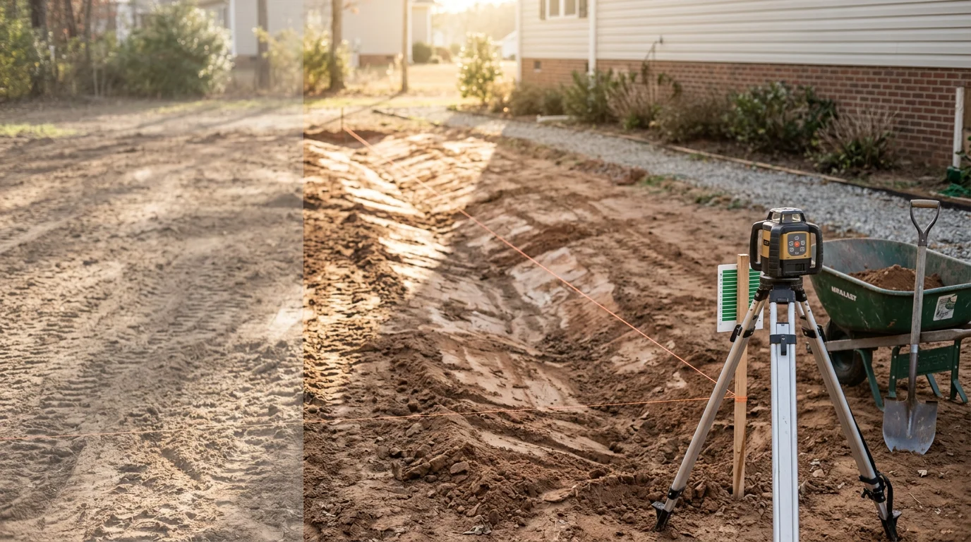 A freshly graded residential yard in Sanford, NC showing smooth, sloped ground graded away from the home's foundation. Red clay soil is visible across the regraded surface, prepared for sod or seeding.
