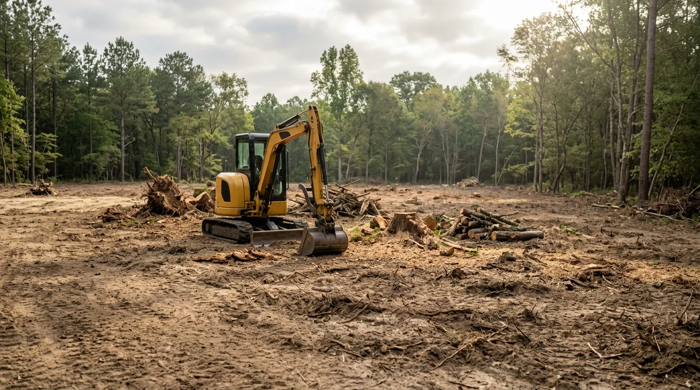 A freshly cleared residential lot in Sanford, NC showing bare graded ground with tree stumps and brush removed. Surrounding pine trees mark the property boundary while the cleared surface is level and ready for construction.