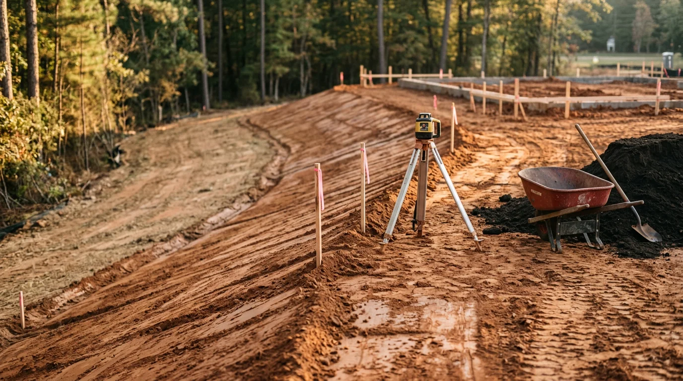 A residential yard in Sanford, NC after property contouring, showing smoothly graded soil sloping away from the home's foundation with no visible pooling or erosion. A landscape contractor's equipment sits at the edge of the freshly shaped lot, ready for sod or planting installation.