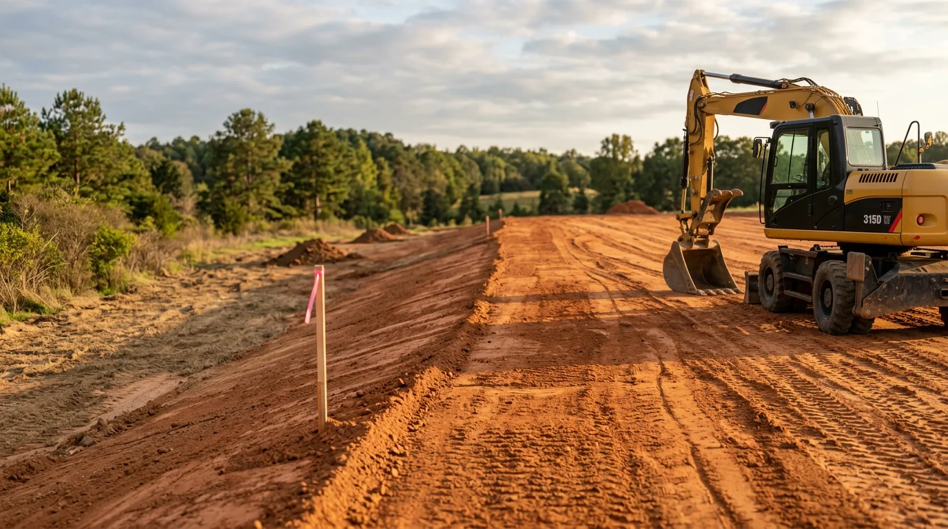 A tracked grader shaping a cleared residential lot in Sanford, NC, with cut soil pushed to the perimeter and a level building pad visible in the center. The surrounding terrain shows the natural clay soil common to Lee County.