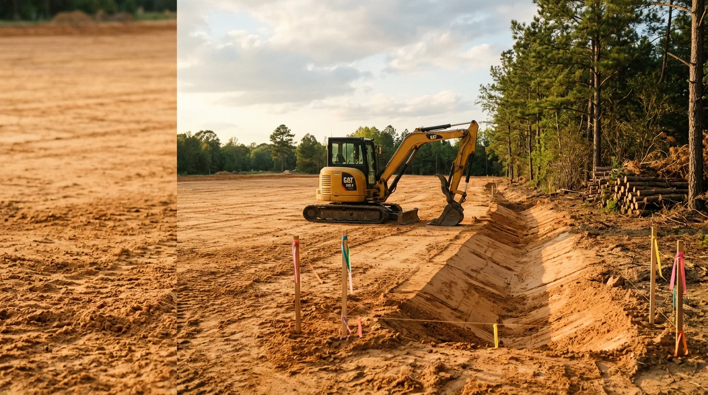 A graded and cleared residential building lot in Sanford, NC with smooth, level soil and defined drainage slopes ready for construction. Surrounding tree lines remain intact while the prepared site surface shows fresh grading work by TM Grading & Landscaping LLC.
