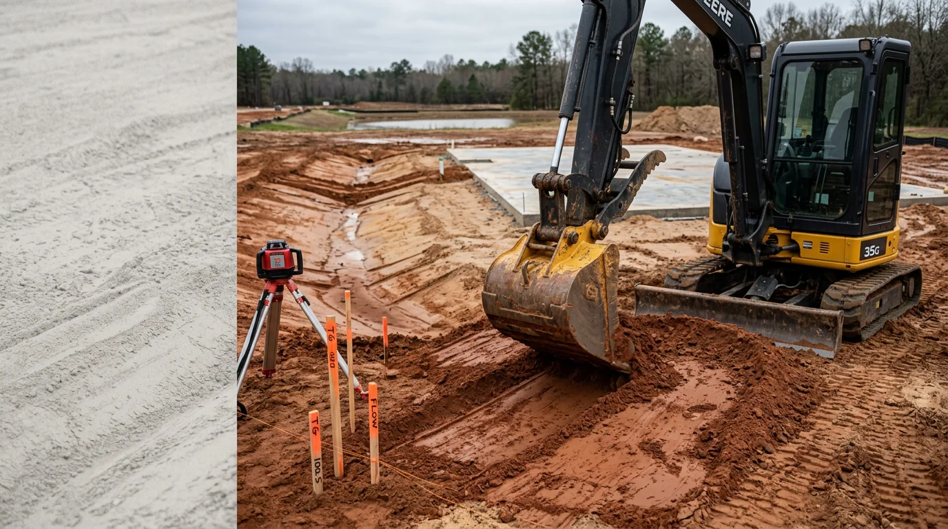 A freshly graded residential lot in Sanford, NC showing smooth, sloped earth moving away from a home's foundation with no standing water present. Heavy equipment tracks are visible across compacted red-clay soil typical of the Lee County Piedmont region.