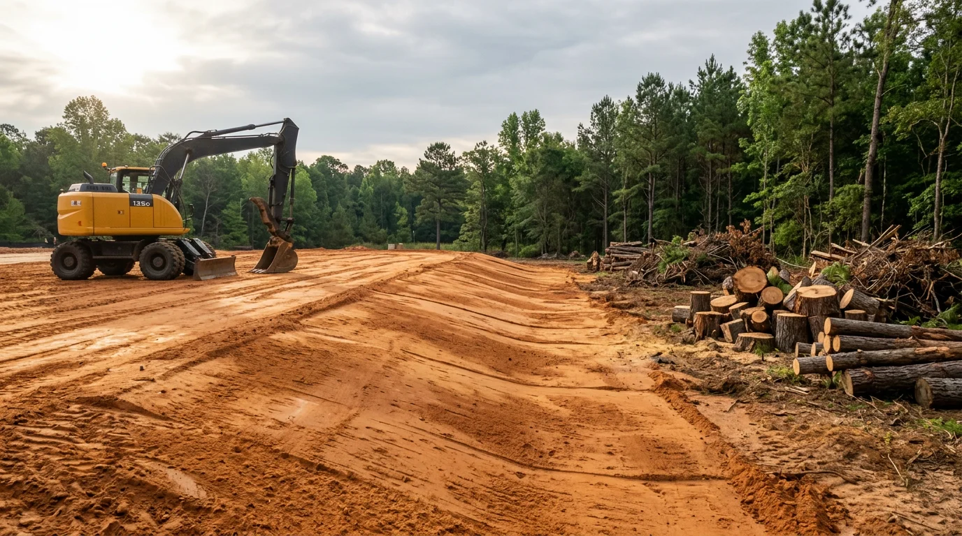 A freshly graded and cleared residential building lot in Sanford, NC with compacted soil and defined drainage slope. Heavy equipment tracks are visible across the leveled surface, and surrounding tree lines mark the cleared property boundary.