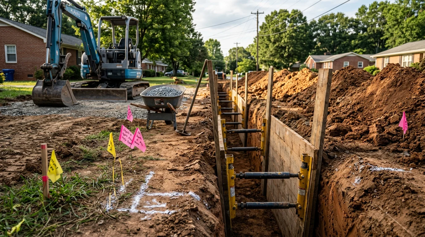 A freshly cut utility trench running across a residential yard in Sanford, NC, with exposed soil walls and a water line laid along the trench floor ready for backfill. A compact excavator sits beside the open trench on a clear day at a Lee County property.